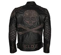 MAXDUD Men’s Skull Embossed Bones Black Distressed Vintage Cafe Racer Motorcycle Biker Black Leather Jacket