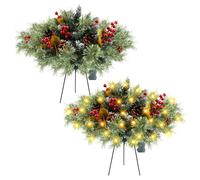 MaxEarn 2 Set Prelit Outdoor Christmas Tree, 27.5"/ 70cm Artificial Small Xmas Tree with LED Lights, Red Berries, Pine Cones, Branches, Outdoor Christmas Decoration for Pathway, Porch, Driveway, Yard