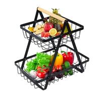 MaxEarn 2-Tier Fruit Basket Stand with Wooden Handle, Large Capacity Detachable Fruit Bowl Rack, Metal Vegetable Storage Rack Holder for Home Kitchen Office Vegetable Snacks Bread