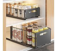 MaxEarn 2PCS Pull Out Cabinet Organizer, 10CM + 19CM Height Slide Out Drawer Storage Shelves for Kitchen Cupboard, Carbon Steel Roll-Out Sliding Drawer, Black Heavy Duty Sliding Mesh Cabinet Basket