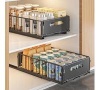 MaxEarn 2PCS Pull Out Cabinet Organizer, Carbon Steel Slide Out Drawer Storage Shelves for Kitchen Cupboard, 37.5 x 24.5x 10CM Roll-Out Sliding Drawer, Black Heavy Duty Sliding Mesh Cabinet Basket