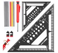 MaxEarn 2PCS Speed Square Set 18+30cm/ 7+12inch, Wipeable Note Surface & Smart Drilling Guide, Aluminum Alloy Carpenters Square Set, Metric Triangle Ruler with Carpenter Pencil, 12PCS Pencil Leads