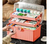 MaxEarn 3 Layer Large Medicine Storage Box, Portable Medication Storage Box with Handles, Household Lockable Medical Box with Lid, Pink Medication Organizer Remedy Box, 32 x 18 x 22cm