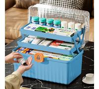 MaxEarn 3 Layer Medicine Organiser, Portable First Aid Storage Box, Medicine Case Craft Box with Handle, Household Empty Medical Storage Cabinet, Blue Family Emergency Kit, 32 x 18 x 22cm