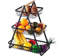 MaxEarn 3-Tier Fruit Basket Stand with Wooden Handle, Large Capacity Detachable Fruit Bowl Rack, Metal Vegetable Storage Rack Holder for Home Kitchen Office Vegetable Snacks Bread