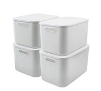 MaxEarn 4Pcs Plastic Storage Boxes with Lids, 23L Stackable Storage Baskets with Handles, 37x26x24cm Cupboard Organiser, White Organizer Containers for Bathroom, Kitchen, Office, Living Room