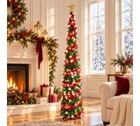 MaxEarn 6FT/1.8M Pop-Up Christmas Tree, Collapsible Tree w/100 Multicoloured LEDs w/timer and 8 modes, Star Topper and Snowflakes, Slim Tinsel Pencil Tree for Festive Décor, Home & Flats