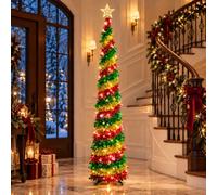 MaxEarn 6FT/1.8M Tricolour Artificial Christmas Tree, Pop-Up Tree w/100 Multicoloured LEDs with Timer & 8 Modes, Topper Star & Tinsel, Collapsible Tree for Festive Christmas Décor, Home & Flats