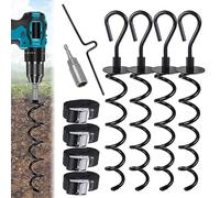 MaxEarn Heavy Duty Trampoline Ground Anchor Pegs Tie Down Kit, Steel Spiral Ground Anchors with 4 Straps, Drill Bit Adapter and Puller Tool, Metal Swing Anchor for Garden Shed, Tent