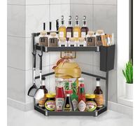MaxEarn Kitchen Spice Rack, 2-Tier Corner Spice Shelf, 40×29×39cm Standing Desktop Organiser, Stainless Steel & Plastic Corner Storage Shelf, With Knife Holder and 2 Hooks for Kitchen, Office, Black