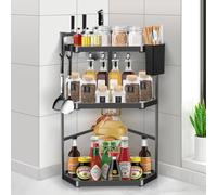 MaxEarn Kitchen Spice Rack, 3-Tier Corner Spice Shelf, 40×29×60cm Standing Desktop Organiser, Stainless Steel & Plastic Corner Storage Shelf, With Knife Holder and 2 Hooks for Kitchen, Office, Black