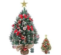 MaxEarn Mini Christmas Tree 60 cm with 60 LED Lighting, Green | Small artificial Christmas tree with star tree topper, bow, berries, pine cones, DIY table Christmas tree decorated