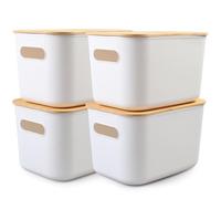 MaxEarn Pack of 4 7L Plastic Storage Boxes with Lid, Plastic Box Organiser Box, Stackable Organiser Boxes with Handles, Versatile White Storage Box for Bathroom, Kitchen, Office, Living Room