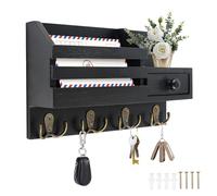 MaxEarn Wooden Key Holder with 4 Double Hooks, Decorative Key Hook Wall Mounted, Wall Organizer Shelf for Letter Storage, Key Rack for Home Hallway (Black)