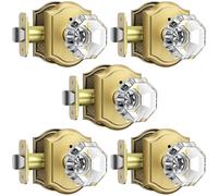 MAXECURITY 5 Pack Glass Door Knob, Octagon Shaped Crystal Door Knobs with Lock, Satin Brass Door Knobs Interior Glass