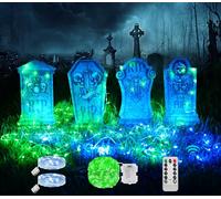 Maxee 4 Pcs 16.2" Halloween Tombstones Decoration with 1 Green Remote Light(8 Light Modes), 2 Blue Lights(3 Modes), Plastic RIP Grave Yard Signs with 8 Stakes for Grave, Outdoor Garden, Party Decor