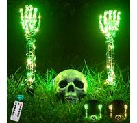 Maxee Halloween Lighted Skeleton Set, Skull Arm Stakes with 1 Remote Green Lights (36 Leds, 8 Light Modes & Timing Function), 2 Warm Lights (3 Modes), Decoration for Outdoor Yard Garden Graveyard