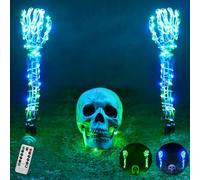 Maxee Halloween Lighted Skeleton Set, Skull Arm Stakes with 1 Remote Green Lights (36 Leds, 8 Light Modes & Timing Function), 2 Blue Lights (3 Modes), Decoration for Outdoor Yard Garden Graveyard