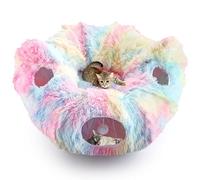 Maxetodo Rainbow Plush Foldable Cat Tunnel with Peek Holes & Washable Mat - Interactive Hideaway Toy for Indoor Cats, Kittens, Rabbits & Small Pets cat tunnel tree skirt christmas