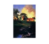 Maxfield Parrish American Illustrative Prints Hunt Farm 1938 Rural Scene with Farmhouse, River And Sunset for Wall Decoration Canvas Wall Art Picture Prints Hanging Photo Gift Idea Decor Homes Artwork