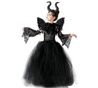 MAXHJX Halloween Maleficent Costume for Girls: Evil Queen Dress Up Costumes Witch Devil Handmade Knitted Tulle Dress Cosplay Black