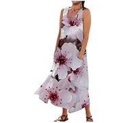 Maxi Dress for Women UK Elegant Swing Floral Printed Round Neck Sleeveless Dresses Oversized Maxi Tank Dress with Pockets Casual Loose Sundress