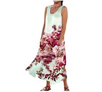 Maxi Dress for Women UK Elegant Swing Floral Printed Round Neck Sleeveless Dresses Oversized Maxi Tank Dress with Pockets Casual Loose Sundress