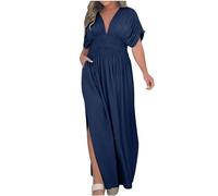Maxi Dress for Women UK Plus Size V Neck Long Dress Short Sleeve High Split Dress with Pocket Elastic Waist Loose Boho Beach Sundress Trendy Elegant Swing Flowy Dress Navy