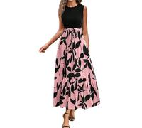 Maxi Dress for Women UK, Summer Crew Neck Sleeveless Floral Print Dresses Classic Comfortable Soft Longline Beach Swing Elegant Styles Going Out Wear Graduation Prom Holiday Daily Pink