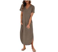Maxi Dress for Women UK V Neck Long Dress Short Sleeve Shift Dress with Pockets Casual Loose Boho Beach Sundress Trendy Elegant Swing Flowy Dress Plain T Shirts Tunic Dresses