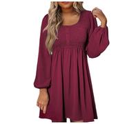 Maxi Dress Long Sleeve Women's 2024 Casual Dress Smocked Crew Neck Button Down Long Sleeves Empire Waist A-line Mini Dress Women's Knee-Length Sleeve Winter, Wine Red, XL