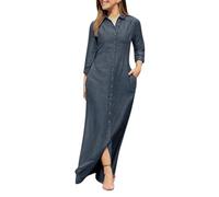 Maxi Dresses for Women 2025 Dress V Pocket Casual Solid Women Neck Denim Long Dress Sleeve Loose Long Women's Casual Dress Ladies Summer Dresses (Dark Blue, XXL)