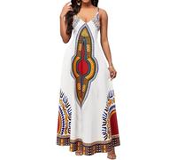 Maxi Dresses for Women Sexy Casual Spaghetti Strap Long Summer Sundress with Pockets, African/White, XXL