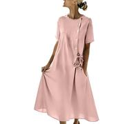 Maxi Dresses for Women Summer Short Sleeve Button Front and Side Tie Knot Elegant Summer Dress A Line Tunic Dresses Loose Oversized Casual Dress with Pockets