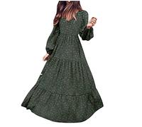 Maxi Dresses for Women UK Casual Floral Print Long Dress V Neck Long Sleeve Chiffon Dresses Elegant Pleated Dress Loose Fit Swing Party Dresses Ladies Green
