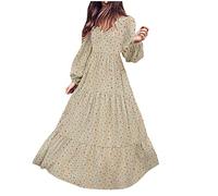 Maxi Dresses for Women UK Casual Floral Print Long Dress V Neck Long Sleeve Chiffon Dresses Ladies Elegant Pleated Dress Loose Fit Swing Party Dresses Beige