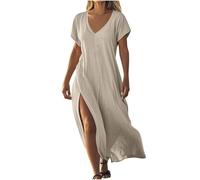 Maxi Dresses for Women UK Clearance Ladies Summer Dresses V Neck Solid Color Short Sleeve Linen Long Dress Side Slit Loose Swing Flowy Boho Vacation Sundress with Pockets