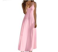 Maxi Dresses for Women UK Clearance Summer Sling Vest Dress Deal of The Day Sexy V-Neck Sleeveless Plain Spaghetti Strap Long Dress Loose Summer Beach Sundress Vacation Maxi Dresses Pink