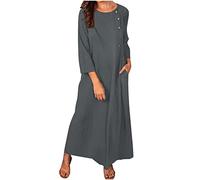 Maxi Dresses for Women UK Cotton Linen Casual Oversized Dress Long Sleeve Tunic Dress with Pocket Solid Color A-line Dress Baggy Beach Long Dress Summer Beach Sundress Clearance Gray