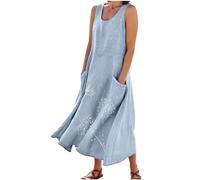 Maxi Dresses for Women UK Cotton Linen Casual Oversized Tunic Dress Sleeveless Vest Dress with Pocket Floral Print A-line Dress Baggy Beach Long Dress Summer Solid Color Sundress Plus Size 22