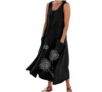 Maxi Dresses for Women UK Cotton Linen Casual Oversized Tunic Dress Sleeveless Vest Dress with Pocket Solid Color A-line Dress Baggy Beach Long Dress Summer Floral Print Sundress