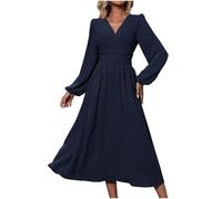 Maxi Dresses for Women UK Elegant Ladies Spring Summer Dresses Chiffon V Neck Lantern Long Sleeve Dress Solid Color Swiss Dot High Waist Casual Long Sundress Vintage Office Work Dress UK Size 8-16