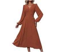 Maxi Dresses for Women UK Elegant Ladies Spring Summer Dresses Chiffon V Neck Lantern Long Sleeve Dress Solid Color Swiss Dot High Waist Casual Long Sundress Vintage Office Work Dress UK Size 8-16