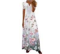 Maxi Dresses for Women UK Lace Floral Button V Neck Long Dresses Summer Boho Beach Flowy Sundress Short Sleeve Loose Casual Dress Bohemian Flower Pleated Dresses Plus Size Light Blue