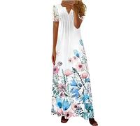 Maxi Dresses for Women UK Lace Floral Button V Neck Long Dresses Summer Boho Beach Flowy Sundress Short Sleeve Loose Casual Dress Bohemian Flower Pleated Dresses Plus Size Sky Blue
