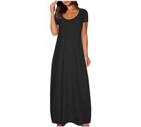 Maxi Dresses for Women UK Ladies Short Sleeve T-Shirt Dresses Solid Color Long Sundresses 2025 Trendy Women‘s Black Casual Loose Full-Length Dress