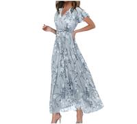 Maxi Dresses for Women UK Lady V Neck Elegant Flowy Chiffon Floral Printed Dresses Elastic Waist Ruffle Short Sleeve Summer Beach Swing Sundress Casual Party Wedding Guest Long Dress Grey