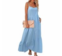 Maxi Dresses for Women UK Lounge Lightweight Spaghetti Strap Long Dresses with Ruffles Hem Casual Solid Color Smocked Cami Dress Loose Fit Vacation Beach Cover Ups Baggy Bohemia Sundress