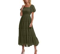 Maxi Dresses for Women UK Mesh Shift Dress Short Sleeve Square Neck Pleated Dresses Ruffle Tunic Beach Dresses Loose Summer Long Dresses Ruffleh Office Casual Dresses Sale Clearance Army Green