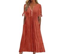 Maxi Dresses for Women UK Plus Size 22 Causal V-Neck Button Short Sleeve Vacation Floral Maxi Dress with Pockets Fashion Elegant Eyelet Ruffle Swing A Line Flowy Boho Sundress Holiday Party Beachwear